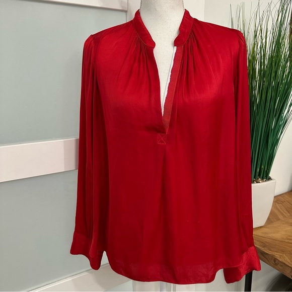 Zadig & Voltaire Tink Satin V-Neck Long Sleeve Blouse SZ Large Red Designer READ - Picture 1 of 9